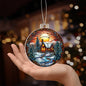 Beautiful Acrylic Ornament with a Stained Glass Look of: a Cozy Cabin on a River with Santa & Reindeer silhouette over moon