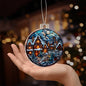 Beautiful Acrylic Ornament with a Stained Glass Look of: Vintage Village with Santa flying over moon