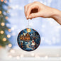 Beautiful Acrylic Ornament with a Stained Glass Look of: a Snowman welcomes you to a cozy home while Santa Sleigh over moon