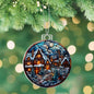 Beautiful Acrylic Ornament with a Stained Glass Look of: Vintage Village with Santa flying over moon