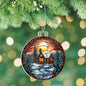 Beautiful Acrylic Ornament with a Stained Glass Look of: a Cozy Cabin on a River with Santa & Reindeer silhouette over moon