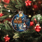 Beautiful Acrylic Ornament with a Stained Glass Look of: a Snowman welcomes you to a cozy home while Santa Sleigh over moon