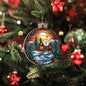 Beautiful Acrylic Ornament with a Stained Glass Look of: a Cozy Cabin on a River with Santa & Reindeer silhouette over moon