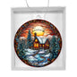 Beautiful Acrylic Ornament with a Stained Glass Look of: a Cozy Cabin on a River with Santa & Reindeer silhouette over moon