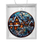 Beautiful Acrylic Ornament with a Stained Glass Look of: Vintage Village with Santa flying over moon