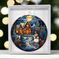 Beautiful Acrylic Ornament with a Stained Glass Look of: a Snowman welcomes you to a cozy home while Santa Sleigh over moon