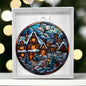 Beautiful Acrylic Ornament with a Stained Glass Look of: Vintage Village with Santa flying over moon