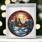 Beautiful Acrylic Ornament with a Stained Glass Look of: a Cozy Cabin on a River with Santa & Reindeer silhouette over moon
