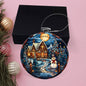 Beautiful Acrylic Ornament with a Stained Glass Look of: a Snowman welcomes you to a cozy home while Santa Sleigh over moon