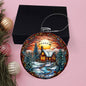 Beautiful Acrylic Ornament with a Stained Glass Look of: a Cozy Cabin on a River with Santa & Reindeer silhouette over moon