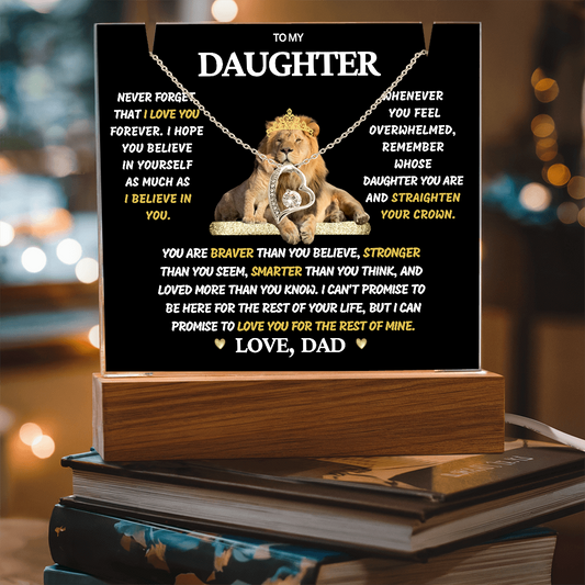 To Daughter from Dad- Beautiful Necklace & Keepsake Acrylic Plaque Bundle Gift Set: "Straighten Your Crown"_Lion_Black Background