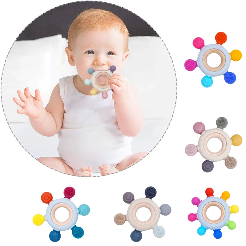 Baby Silicone Teething Toys with Food Grade Wooden Ring