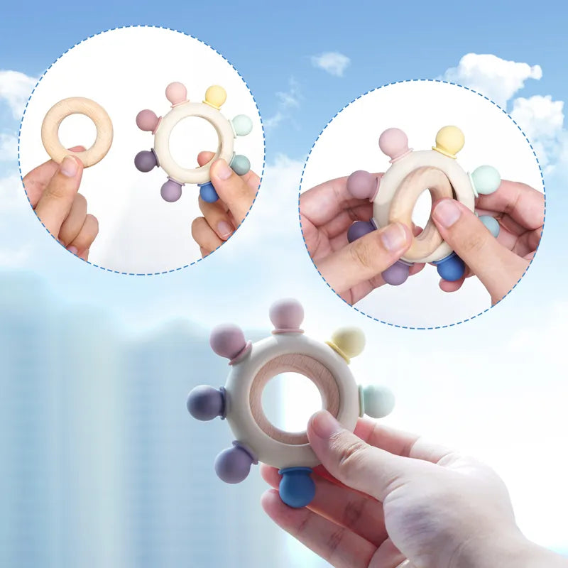 Baby Silicone Teething Toys with Food Grade Wooden Ring