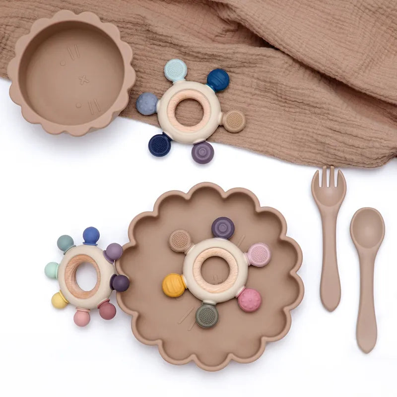 Baby Silicone Teething Toys with Food Grade Wooden Ring