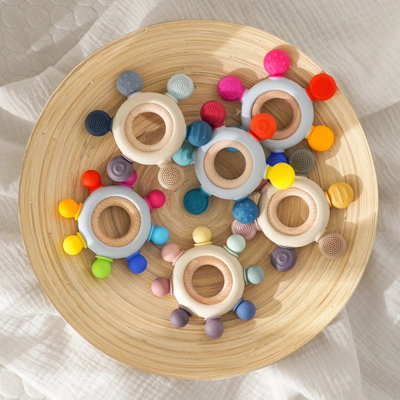 Baby Silicone Teething Toys with Food Grade Wooden Ring