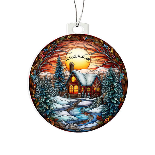 Beautiful Acrylic Ornament with a Stained Glass Look of: a Cozy Cabin on a River with Santa & Reindeer silhouette over moon