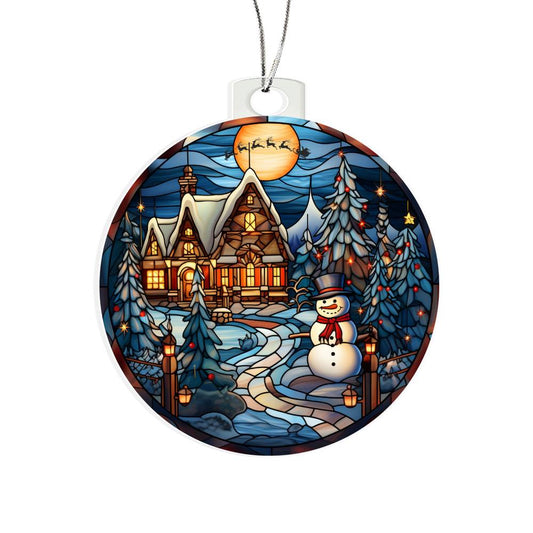 Beautiful Acrylic Ornament with a Stained Glass Look of: a Snowman welcomes you to a cozy home while Santa Sleigh over moon