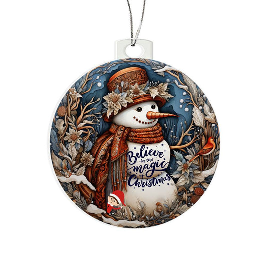 Beautiful Acrylic Ornament with a Stained Glass Look of: Snowman & Elf with Believe in Magic of Christmas message