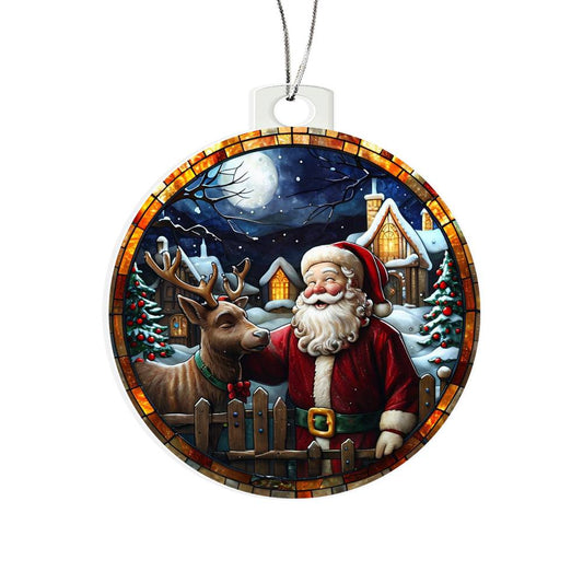 Beautiful Acrylic Ornament with a Stained Glass Look of: Santa & a Reindeer back at the North Pole