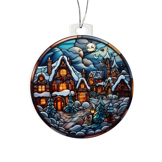 Beautiful Acrylic Ornament with a Stained Glass Look of: Vintage Village with Santa flying over moon