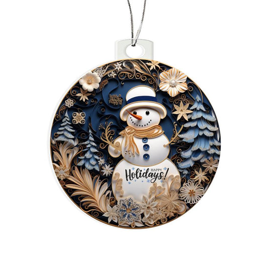 Beautiful Acrylic Ornament with a Stained Glass Look of: Snowman with Happy Holidays message