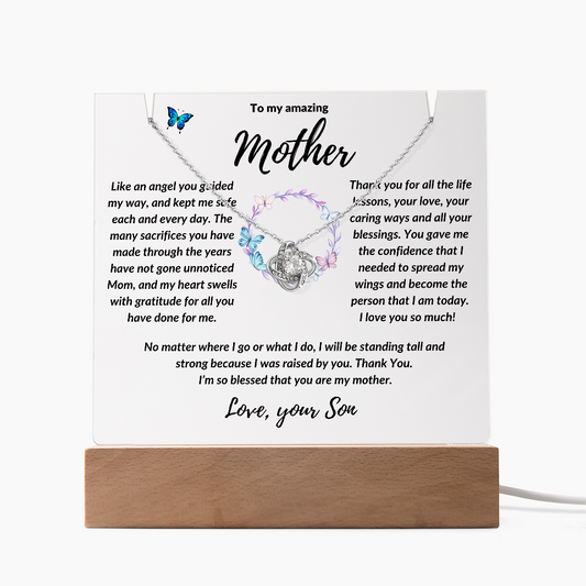 To Mother from Son: Beautiful Love Knot Necklace & Keepsake Acrylic Plaque Bundle Gift Set: "No matter where I go"_see thru