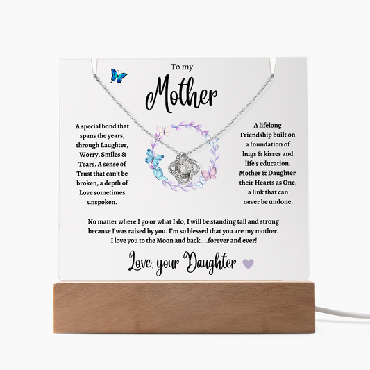 To Mother from Daughter: Beautiful Love Knot Necklace & Keepsake Acrylic Plaque Bundle Gift Set: "A Special Bond"_see thru