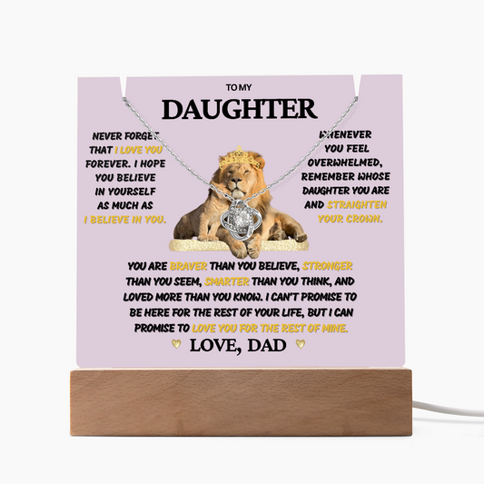 To Daughter from Dad- Beautiful Necklace & Keepsake Acrylic Plaque Bundle Gift Set: "Straighten Your Crown"_Lion_on purple