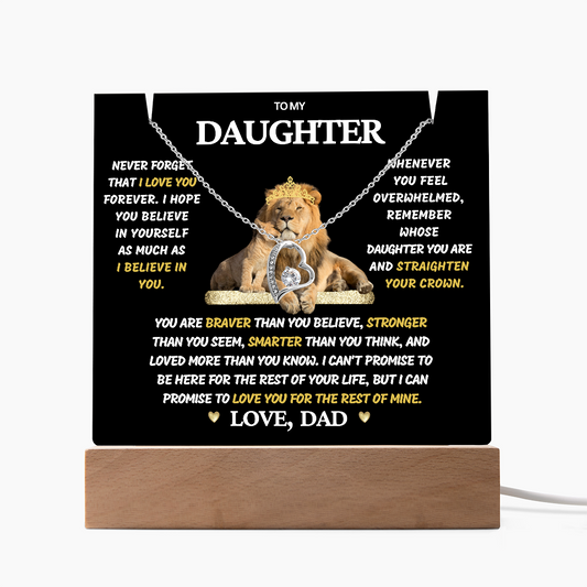 To Daughter from Dad- Beautiful Necklace & Keepsake Acrylic Plaque Bundle Gift Set: "Straighten Your Crown"_Lion_Black Background