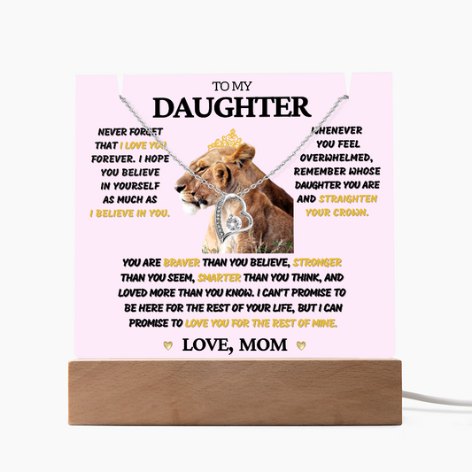 To Daughter from Mom- Beautiful Necklace & Keepsake Acrylic Plaque Bundle Gift Set: "Straighten your Crown"_Lioness_pink