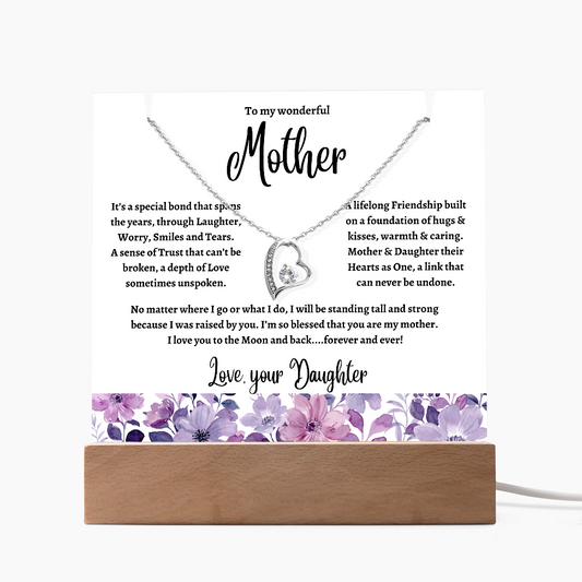 To Mother from Daughter: Beautiful Forever Love Necklace & Keepsake Acrylic Plaque Bundle Gift Set: "Hearts as One"_flower border