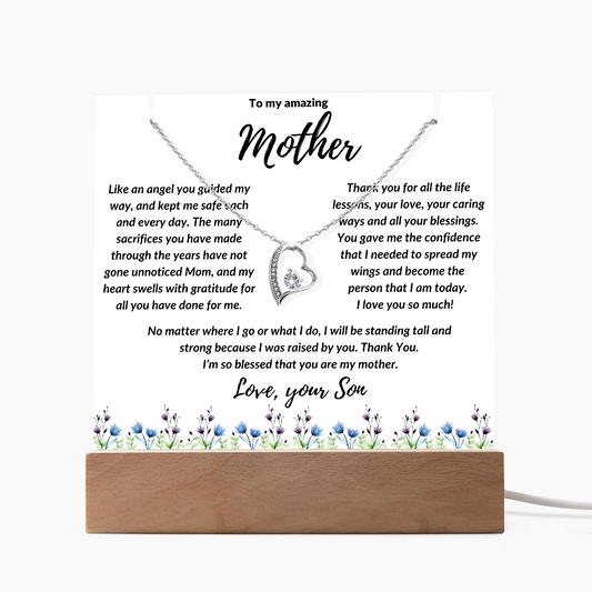 To Mother from Son: Beautiful Forever Love Necklace & Keepsake Acrylic Plaque Bundle Gift Set: "No matter where I go"_flower border