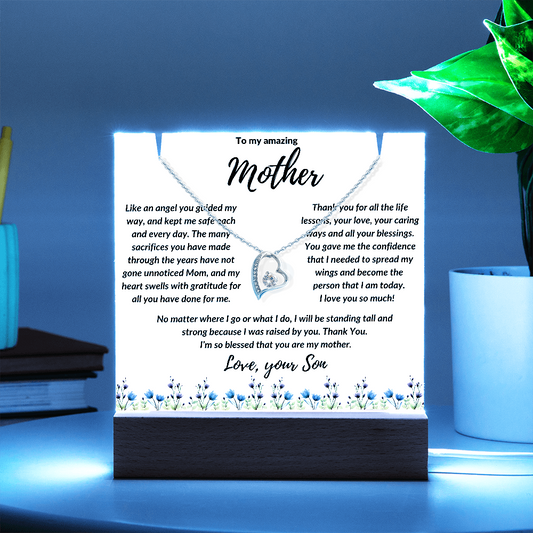 To Mother from Son: Beautiful Forever Love Necklace & Keepsake Acrylic Plaque Bundle Gift Set: "No matter where I go"_flower border