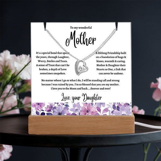 To Mother from Daughter: Beautiful Forever Love Necklace & Keepsake Acrylic Plaque Bundle Gift Set: "Hearts as One"_flower border